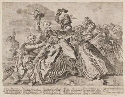 Sieben Frauen kämpfen um eine Männerhose von Cornelis van Kittensteyn
