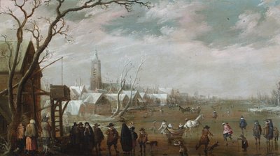 Dorfszene im Winter mit Figuren auf dem Eis von Cornelius Droochsloot