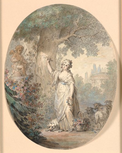 Hirtin, die ein Zeichen in einen Baum schneidet von Cornelius Høyer