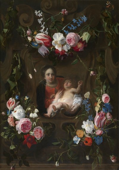 Madonna umgeben von einem Blumenkranz von Cornelius I Schut