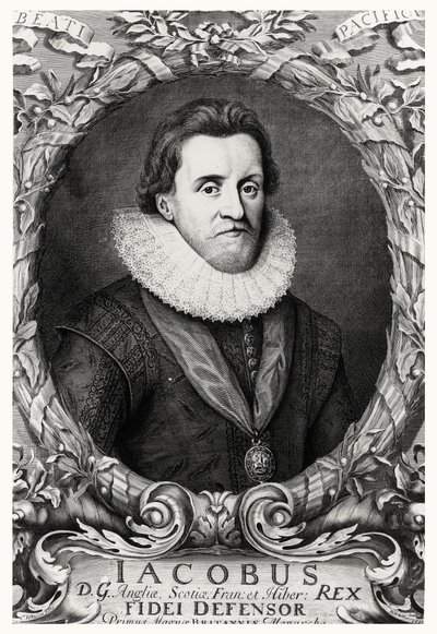 Porträt von James I., König von Großbritannien, graviert von R. White, 1669 von Cornelius I after Johnson