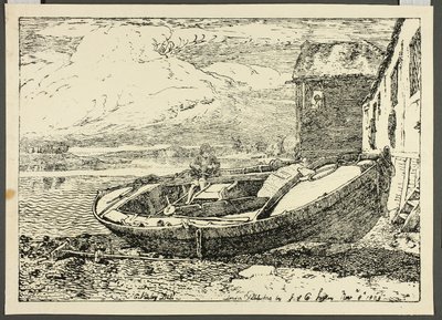 Ein Junge sitzt auf einem aufgebockten Schiff von Cornelius Varley