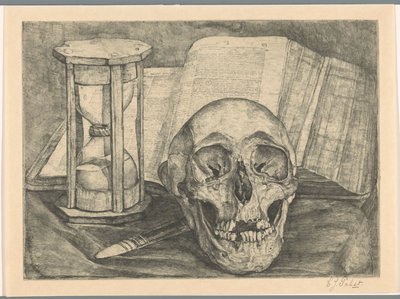 Stillleben mit einem Schädel, einer Sanduhr, einem Buch und einem Messer von Corrie Pabst (signed by artist)