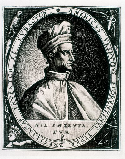 Porträt von Amerigo Vespucci, Inschrift "Americus Vesputius Florentinus Terrae Bresilianae Inventoret Subactor" von Crispin I de (after) Passe