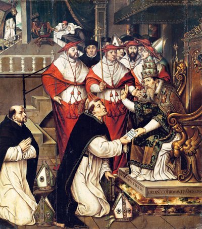 Honorius III. (Cencio Savelli, Papst von 1216 bis 1227) bestätigt den Orden des heiligen Dominikus. Gemälde von Cristobal Llorens (ca. 1550-1616) von Cristobal Llorens