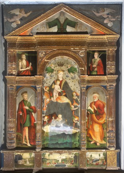 Gekrönte Madonna mit Kind und Engeln, Heiliger Paulus, Heiliger Petrus von Cristoforo (fl.1525 1578) & Pancalino Raffaele (fl.1514 1573) Pancalino