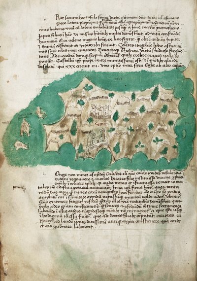 Symi, kartografische Erhebung der griechischen Insel, mit handschriftlichen Notizen auf Pergament von Cristoforo Buondelmonti