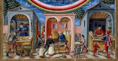 Detail von Händlern, die verschiedene Artikel verkaufen von Cristoforo De Predis