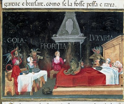 Darstellung des Kreises der Unterwelt, wo die Schuldigen der Völlerei, Faulheit und Lust zu finden sind von Cristoforo De Predis