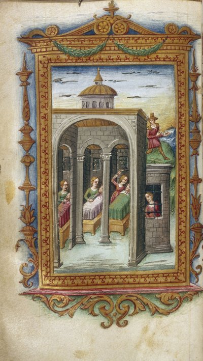 Töchter des Danaus ermorden ihre Ehemänner. Hypermnestra im Gefängnis Illustration für Die Heroiden von Ovid, 1485-1499 von Cristoforo Majorana