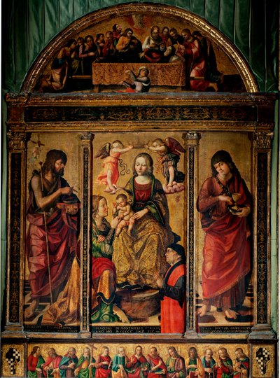 Triptychon der mystischen Hochzeit der Heiligen Katharina, umgeben von den Heiligen Johannes dem Täufer und Johannes dem Evangelisten von Cristoforo Scacco