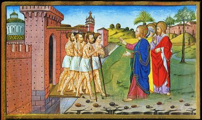Jesus und die Aussätzigen. Miniatur von Cristoforo de Predis - in Historia del nuovo testamento von Cristoforo De Predis