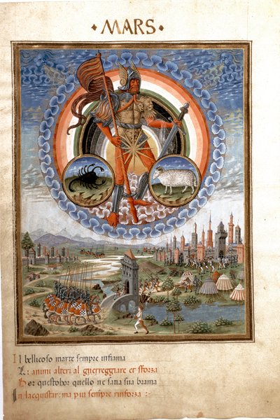 Mars mit den Tierkreiszeichen Skorpion und Widder. Die Kampfszenen (Miniatur, ca. 1470) von Cristoforo De Predis