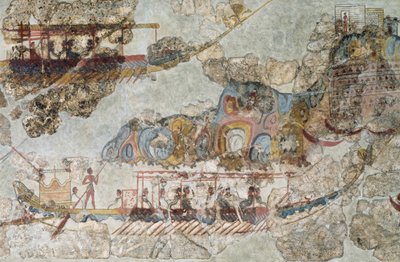 Flotte von Schiffen, Fresko aus Thera, Südliche Kykladeninseln, Griechenland, Kykladische Zivilisation, 3.-2. Jahrtausend v. Chr. von Cycladic Cycladic