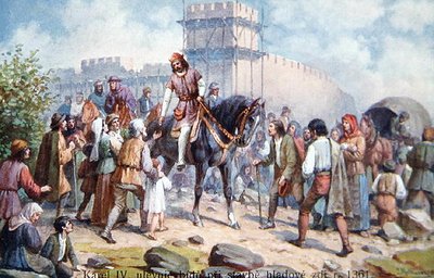 Karl IV. begrüßt einfache Leute während seiner Erweiterung der Befestigungen von Prag im Jahr 1361, frühe 20. Jahrhundert Postkarte von Czech School