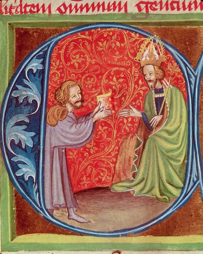 Der Autor bietet sein Buch Karl IV. (1316-78) von Böhmen an, aus Opus Ruralium Commodorum von Pietro de Crescenzi (1230-1321) von Czech School