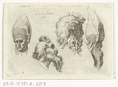 Studienblatt mit vier Köpfen, davon zwei mit einer Mitra von D. van den Bosch