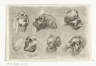 Studienblatt mit sieben Köpfen in zwei Reihen von D. van den Bosch