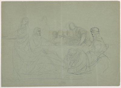 Zeichnung, Maria wäscht die Füße Christi, mehrere Männer sitzen an einem Tisch; Verso: Notizen, 1852 von Daniel Huntington