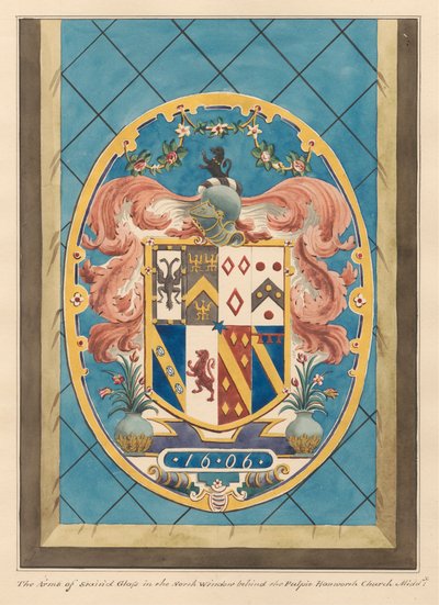 Wappen im Buntglasfenster hinter der Kanzel aus der Hanworth Kirche von Daniel Lysons