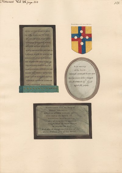 Denkmäler für Xpofer und Agnes Merick, George Charles Black und Sarah Horsnell, Elizabeth Ascough und George Merick von Daniel Lysons
