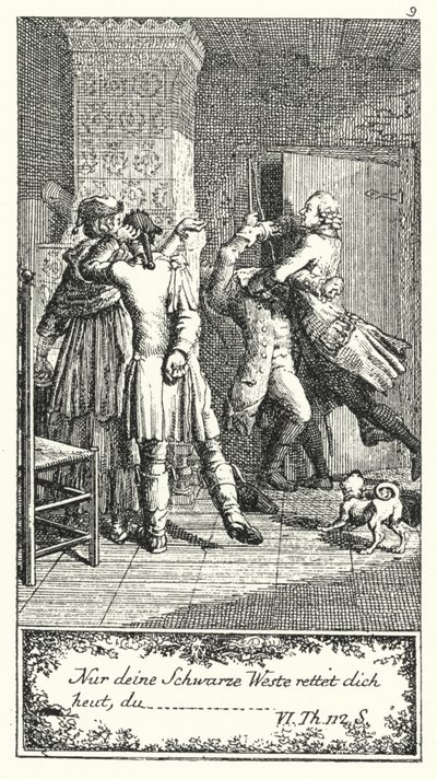 Nur deine schwarze Weste wird dich heute retten, du... (Gravur) von Daniel Nikolaus (after) Chodowiecki