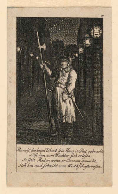 Ein Nachtwächter, Illustration für "Königl: Grosbrit [anische] Genealogischer Kalender auf das 1780 Jahr Lauenberg bei J.G. Berenberg" von Daniel Nikolaus Chodowiecki