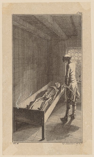 Bunkel betrachtet das Skelett John Ortons, Blatt 4 aus "Leben Bemerkungen und Meinungen Johann Bunkels" von Daniel Nikolaus Chodowiecki