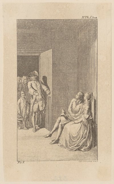 Bunkel wird bei einer Unterhaltung mit Miss Spence von irischen Edelleuten überrascht, Blatt 13 aus "Leben Bemerkungen und Meinungen Johann Bunkels" von Daniel Nikolaus Chodowiecki