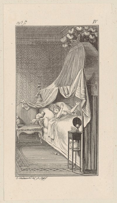 Cäsar will auf das Bett der träumenden Lady Charlotte springen von Daniel Nikolaus Chodowiecki