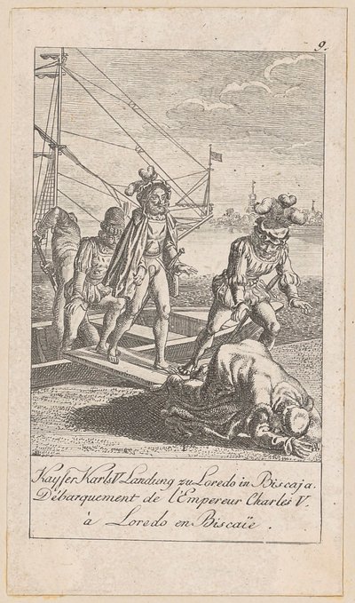 Landung des Kaisers Karl V. in Biscaja, Blatt 9 der Folge "Ältere, mittlere und neuere Geschichte" von Daniel Nikolaus Chodowiecki