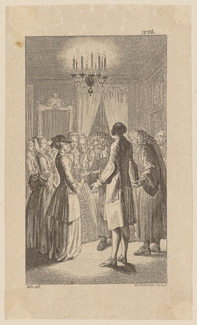 Miss West im Zimmer des Comus, willigt in den Ehevergleich ein, Blatt 16 aus "Leben Bemerkungen und Meinungen Johann Bunkels" von Daniel Nikolaus Chodowiecki