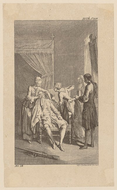 Ohnmächtiger Durour im Haus seiner früheren Geliebten Miss Dellon, Blatt 14 aus "Leben Bemerkungen und Meinungen Johann Bunkels" von Daniel Nikolaus Chodowiecki