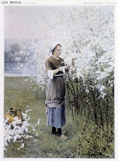 Frühling: Frau sammelt Blumen - Illustration von R. Knight, ca. 1905 von Daniel Ridgway Knight