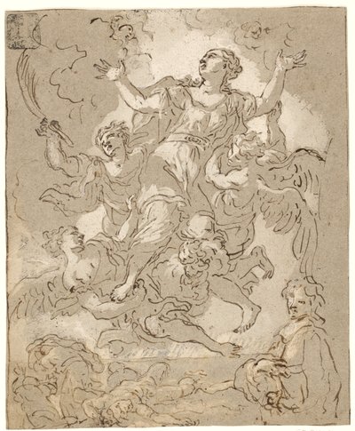 St. Rosalia in Herrlichkeit mit sterbenden und laufenden Figuren und einem männlichen Halbporträt darunter von Daniel Seiter