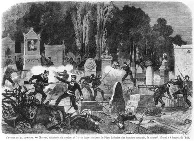 Agonie der Kommune, letzte Kämpfe auf dem Friedhof Père Lachaise, graviert von Louis Joseph Amedee Daudenarde (gest. 1907) Illustration aus 