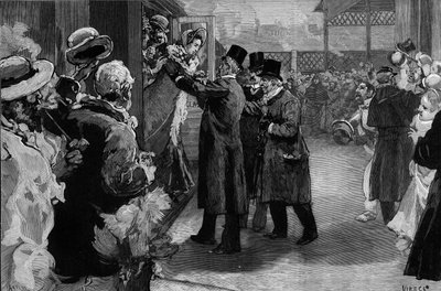 Louise Michel kehrte nach Frankreich zurück (1830-1905) nach seiner Deportation wegen seiner Teilnahme an der Pariser Kommune. Sie wurde am Bahnhof Saint Lazare (Saint-Lazare) von Henri Rochefort (1831-1913), Louis Blanc (181-1882) und George Clemenceau (1 von Daniel Urrabieta Vierge