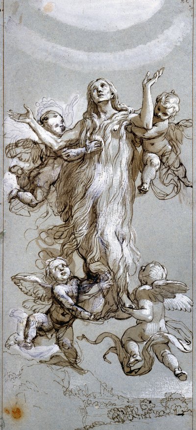 Die Himmelfahrt der Heiligen Maria Magdalena, geführt von Engeln (Zeichnung von Daniele Crespi, 17. Jahrhundert, Prado Museum, Madrid) von Daniele Crespi