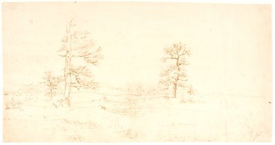 Aussicht über eine hügelige Landschaft mit ein paar einsamen Eichen von Dankvart Dreyer