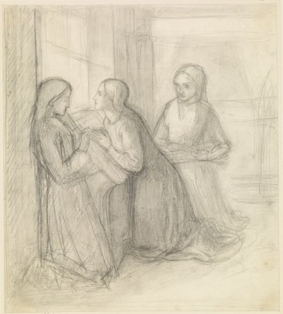 (Möglicherweise) Die heilige Elisabeth von Ungarn kniend mit ihren Gefährtinnen Isentrudis und Guta von Dante Gabriel Charles Rossetti