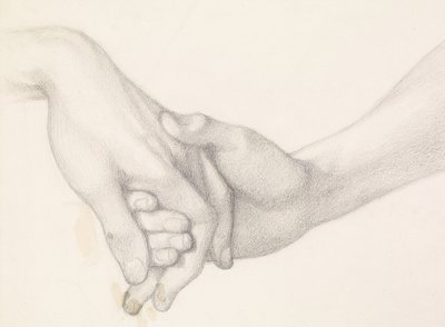 Dantes Traum zur Zeit des Todes von Beatrice - Studie von Dante, der die Hand der Liebe hält von Dante Gabriel Charles Rossetti
