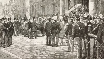 Politiker und Offiziere bei der Trauerprozession von Luigi Mezzacapo (1814-1885), italienischer Politiker und Offizier, Rom, Italien, Gravur nach einer Zeichnung von Dante Paolocci, aus L