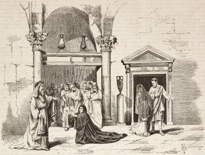 Kabinett des Papstes im Palast, Postumia bittet Fabio Massimo, Rom Vaincue von Alexandre Parodi, Akt V, Gravur von Dante Paolocci nach Skizzen von Zandomenico, aus L
