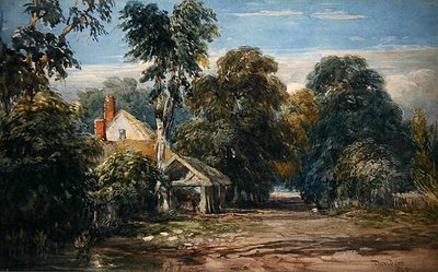 Ein Cottage und ein Stall am Waldrand von David Cox