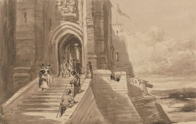 Figuren auf der Außentreppe eines Schlosses von David Cox