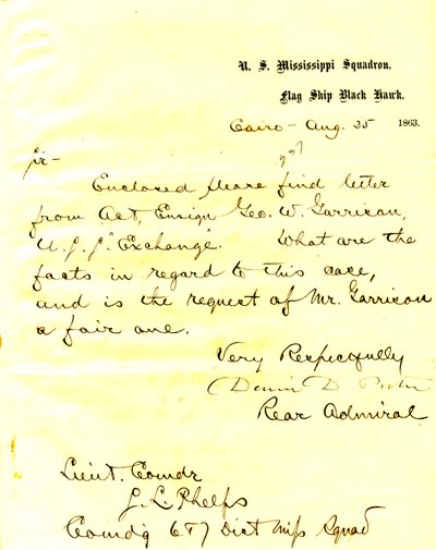 Brief von David D. Porter, U. S. S. Black Hawk, Kairo, Illinois, an Seth Ledyard Phelps, 25. August 1863 von David D. Porter