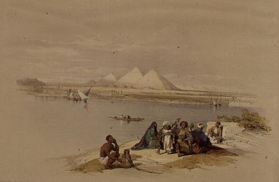 Die Pyramiden von Gizeh vom Nil aus, aus 