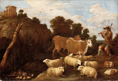 Eine Flusslandschaft mit einem Hirten, der eine Pfeife spielt, mit klassischen Ruinen auf einem Hügel im Hintergrund von David Teniers the Younger