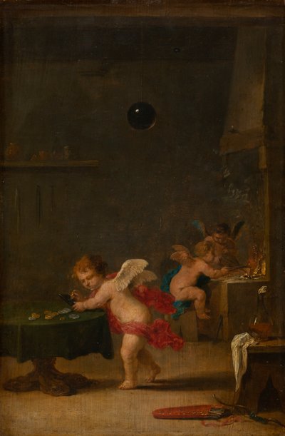 Amoretti in der Werkstatt eines Alchemisten, ca. 1635-37 (Öl auf Eichenholz) von David the Younger Teniers
