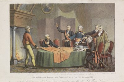 Übernahme der hohen Regierung durch das Dreimännerkollegium im Namen des Prinzen von Oranien, 21. November 1813 von David van der Kellen